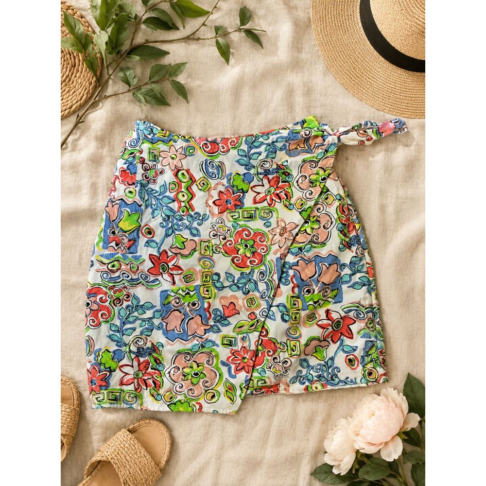 Vintage Venice Blue Floral Wrap Skirt Women's Large Colorful Boho Cottagecore